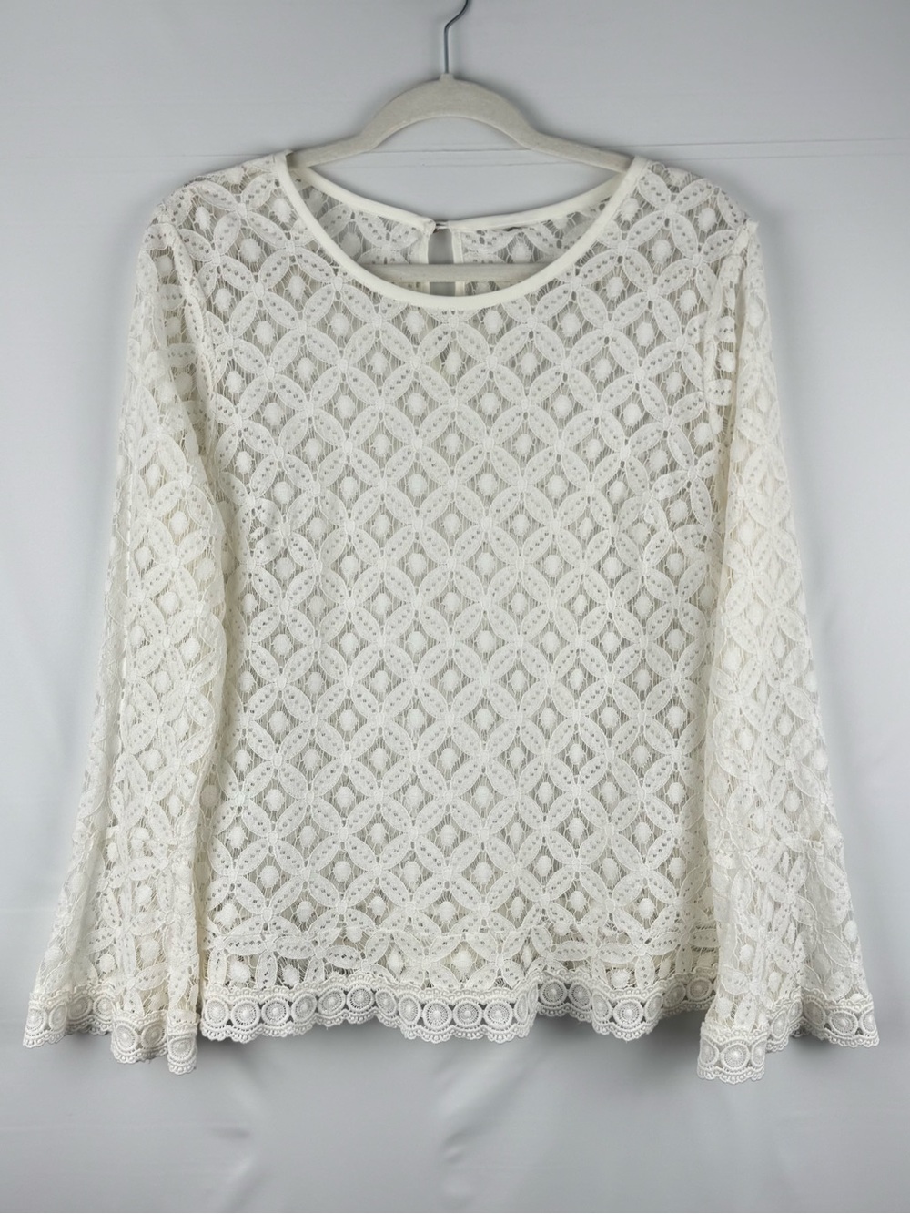Women's Ivory Crochet & Lace Long-Sleeve Top - Bell Sleeves & Scalloped Hem